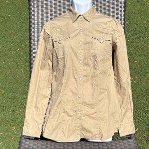 NWT Tin Haul Ladies Long Sleeve Button Down Tan Western Cowgirl Shirt Size Large